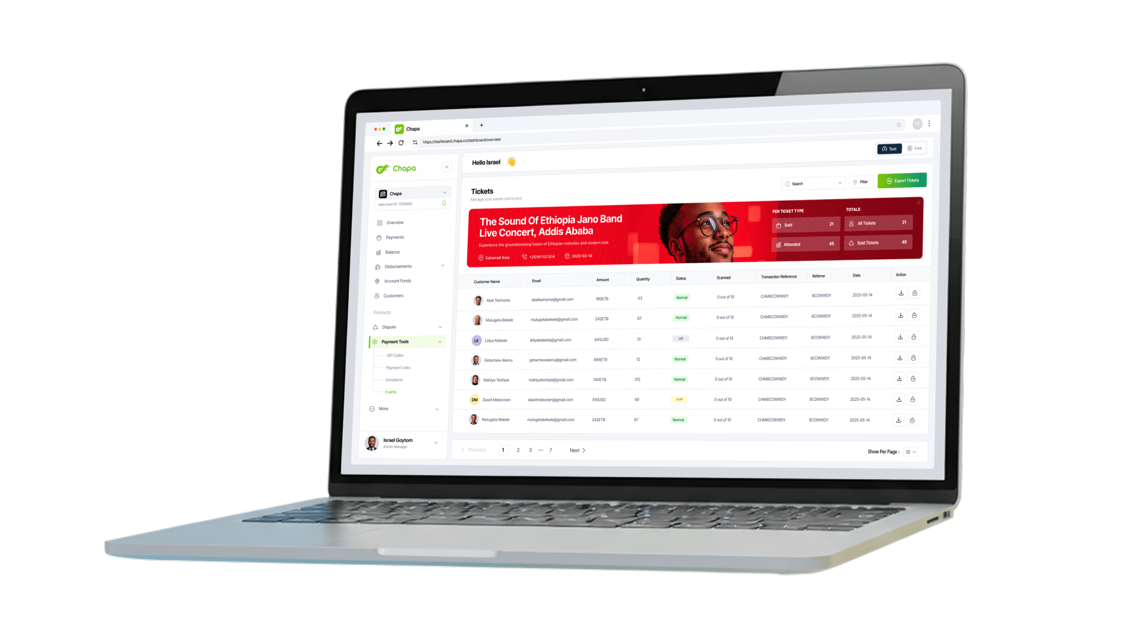 Chapa ticket management dashboard displayed on a laptop